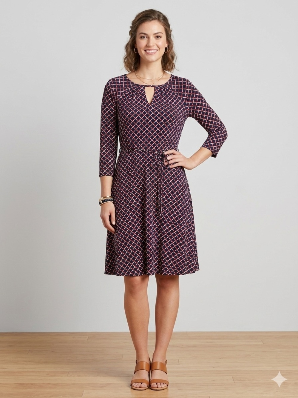 Brooks Brothers Navy Red Geometric Print Fit Flare Dress 3/4 Sleeve Preppy SMALL